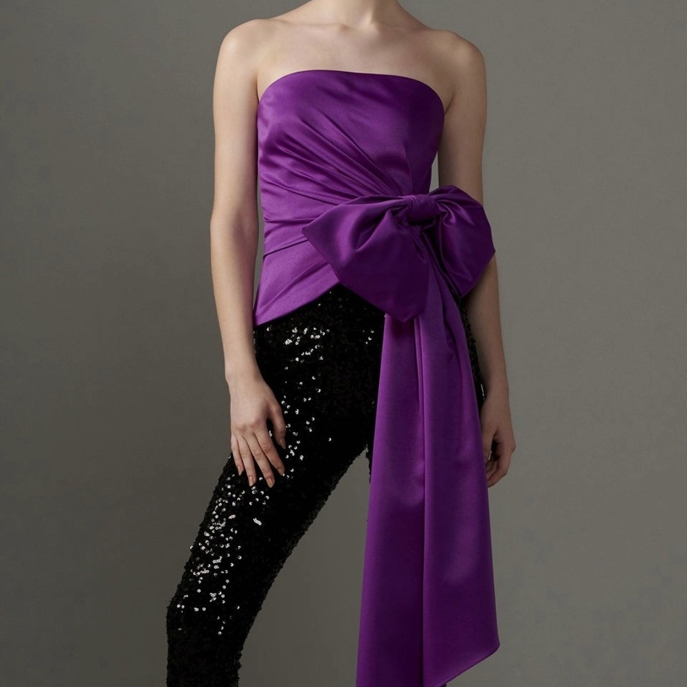 ATSU Anthropologie Satin Strapless Bow Top Sash Cocktail Party Glam Statement L